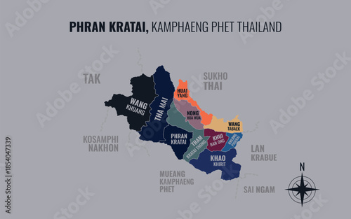 Map showing Phran Kratai District Kamphaeng Phet Thailand divided into sub districts with minimalist colorful patterns