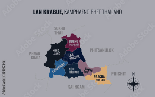 Map showing Lan Krabue District Kamphaeng Phet Thailand divided into sub districts with minimalist colorful patterns