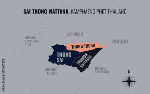 Map showing Sai Thong Wattana District Kamphaeng Phet Thailand divided into sub districts with minimalist colorful patterns