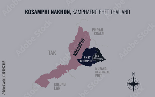 Map showing Kosamphi Nakhon District Kamphaeng Phet Thailand divided into sub districts with minimalist colorful patterns