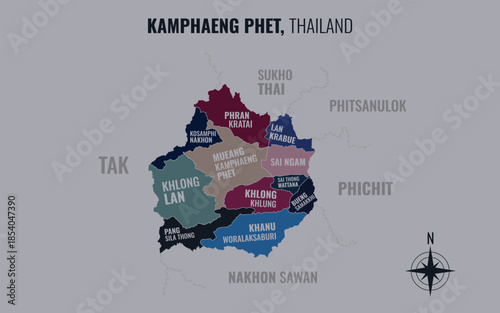 A map showing Kamphaeng Phet Thailand divided into districts in a minimalist colorful style