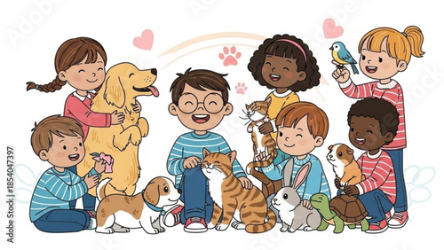 Group of happy children playing with various pets and animals together in a colorful illustration