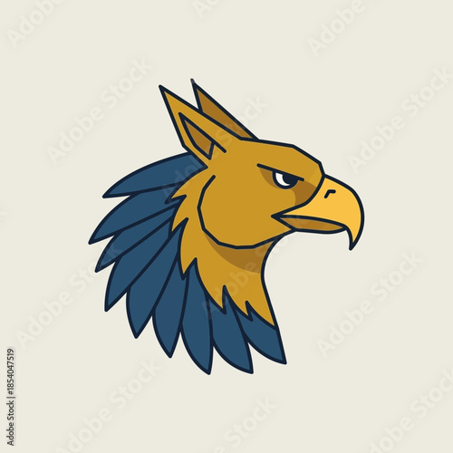 Stylized illustration of a mythical griffin head with golden feathers and blue accents.