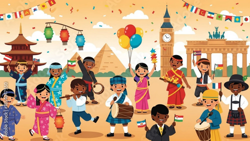 Diverse children in traditional clothing celebrating global culture with iconic landmarks and festive decorations in background