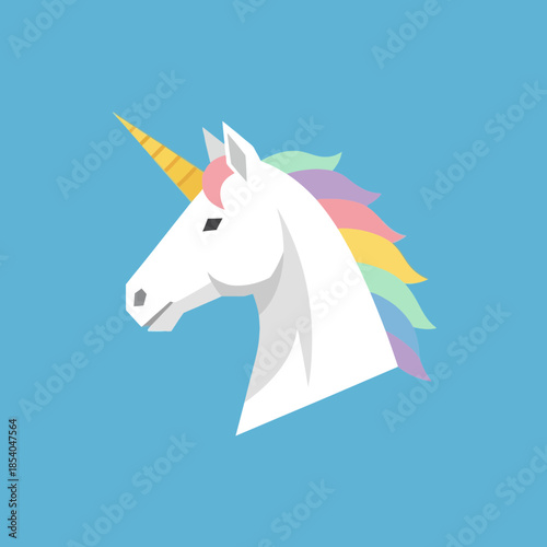 White unicorn head with a rainbow mane and golden horn.