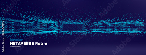 Space floor vr background with blue line grid and game 3D metaverse elements. Futuristic techno design with space texture and floor vr surface for laser dj. Modern vaporwave aesthetic digital