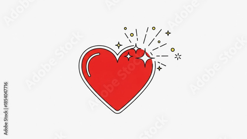 Red cartoon heart with broken edge and sparkles on white background, vector illustration for love and romance