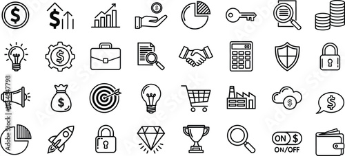 Collection of 30 business and finance related icons in line style