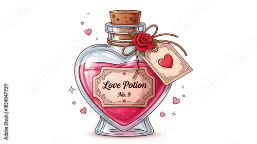 Heart shaped bottle of love potion no 9 with pink liquid, red rose and label on white background