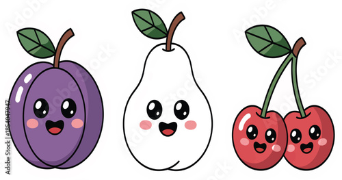 Cute kawaii fruit characters illustration with smiling plum pear and cherries