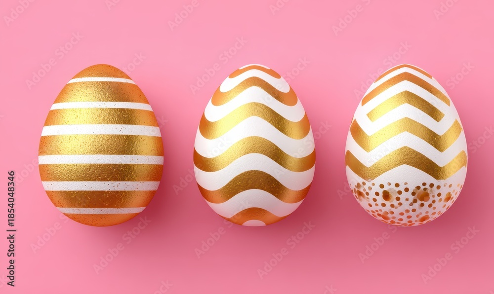 Obraz premium Three Easter Eggs With Gold And White Stripes On Pink Background For Holiday Decorations And Festive Celebrations Springtime Themes