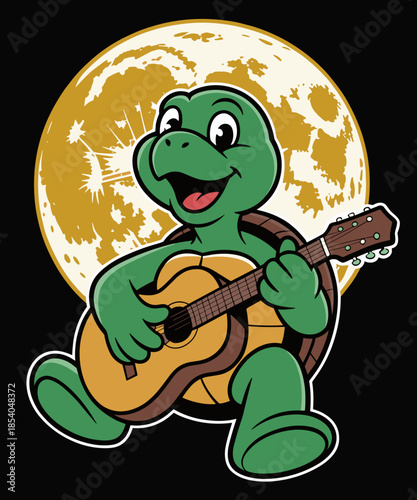 Turtle Plays Banjo Music Design With Moon And Funny Turtle