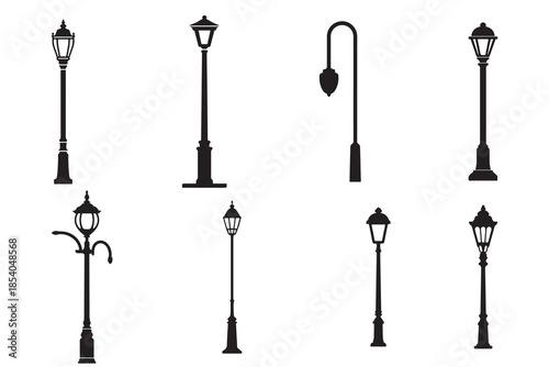 Collection of Modern and Vintage Street Lamp Designs, Outdoor Urban Lighting Fixtures, Park Lanterns and City Infrastructure Vector Illustration Set on White Background. EPS 10