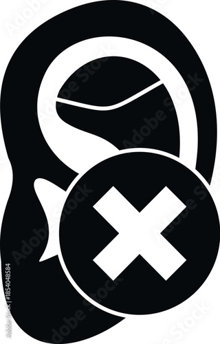 Human ear with an x mark symbolizing deafness and hearing impairment