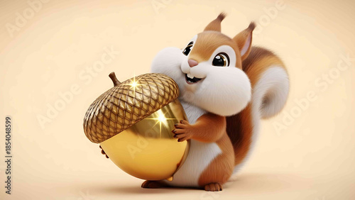 Cute cartoon squirrel happily holding giant golden acorn on light beige background