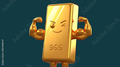 Strong gold bar character winking and flexing muscles on dark teal background