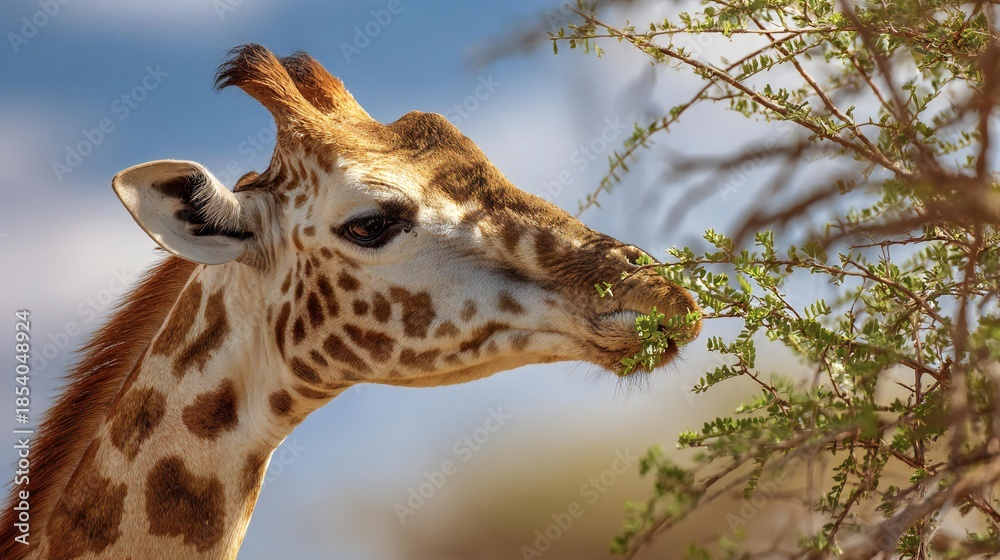 Fototapeta premium African Giraffe Feeding on Green Leaves in Natural Habitat - Wildlife, Safari, Nature Animal Photography 