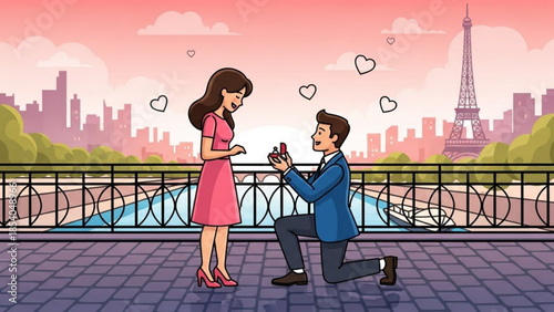 Man proposing to woman on one knee with eiffel tower in the background during romantic pink sunset