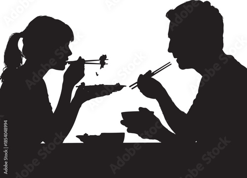 Couple eating Asian food with chopsticks together
