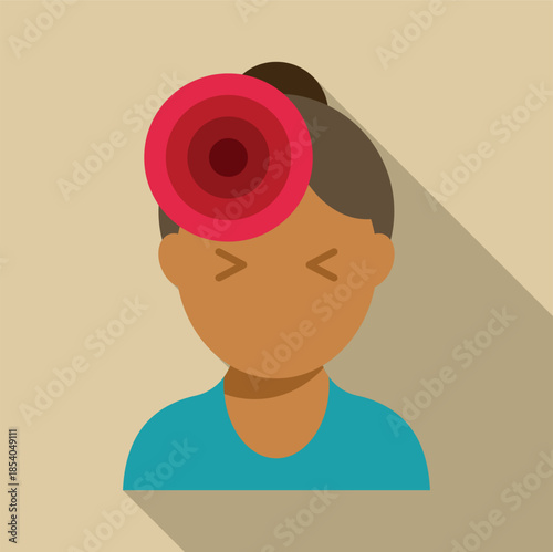 Woman experiencing headache, showing pain indicator on forehead, presented in flat design