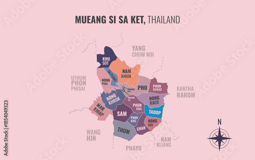Map showing Mueang Si Sa Ket District Si Sa Ket Thailand divided into sub districts with minimalist colorful patterns