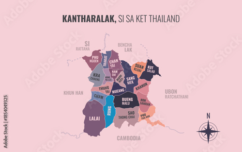Map showing Kantharalak District Si Sa Ket Thailand divided into sub districts with minimalist colorful patterns