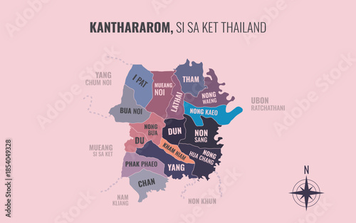 Map showing Kanthararom District Si Sa Ket Thailand divided into sub districts with minimalist colorful patterns