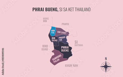 Map showing Phrai Bueng District Si Sa Ket Thailand divided into sub districts with minimalist colorful patterns