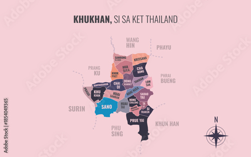 Map showing Khukhan District Si Sa Ket Thailand divided into sub districts with minimalist colorful patterns