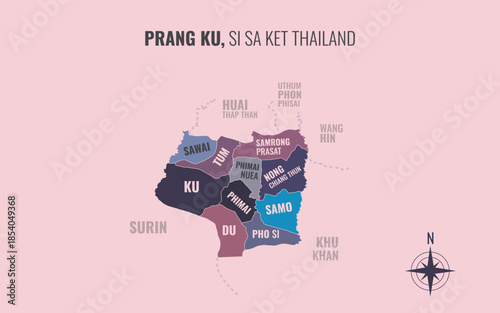 Map showing Prang Ku District Si Sa Ket Thailand divided into sub districts with minimalist colorful patterns