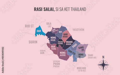 Map showing Rasi Salai District Si Sa Ket Thailand divided into sub districts with minimalist colorful patterns