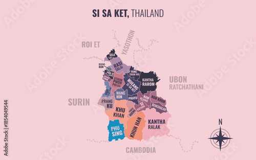 A map showing Si Sa Ket Thailand divided into districts in a minimalist colorful style
