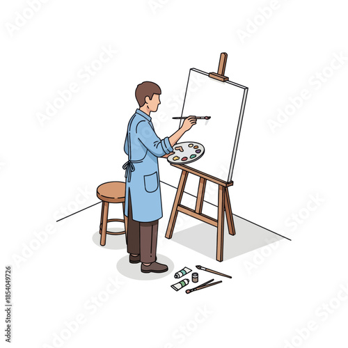 Artist at Work Painting on Canvas with Palette and Brush in a Creative Studio Space