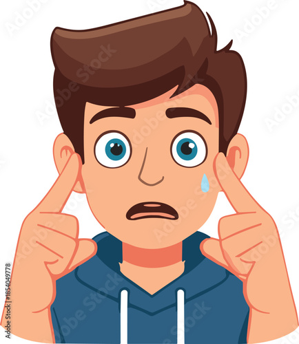 Cartoon male avatar sad worried expression with tear, emotional stressed character pointing face, hoodie boy emotions, modern flat vector illustration