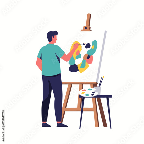 Artistic creation process illustrating a person painting a colorful abstract artwork on a canvas