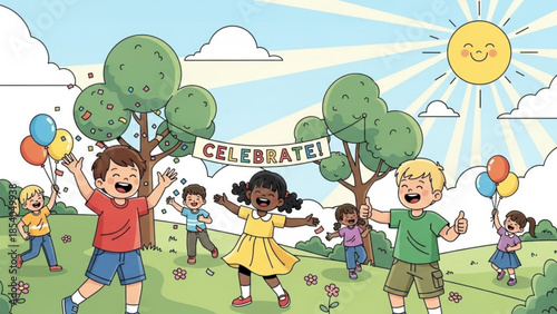 Group of happy children celebrating outdoors in a park with balloons and confetti on a sunny day