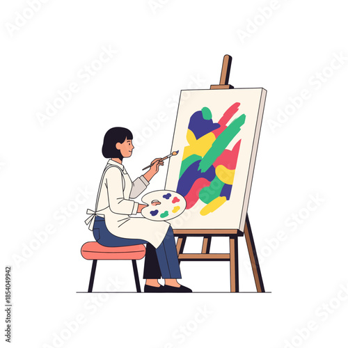 Artistic Woman Creating Abstract Expression on Canvas with Vibrant Colors and Dynamic Brushstrokes