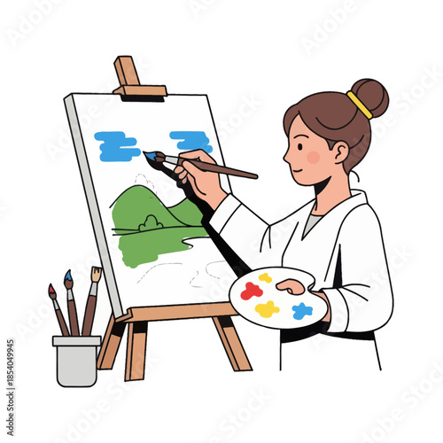 Creative female artist painting scenic landscape on canvas with vibrant colors and detailed