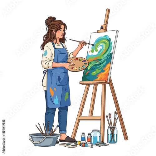 Creative female artist painting a colorful swirling galaxy on canvas in cozy studio space
