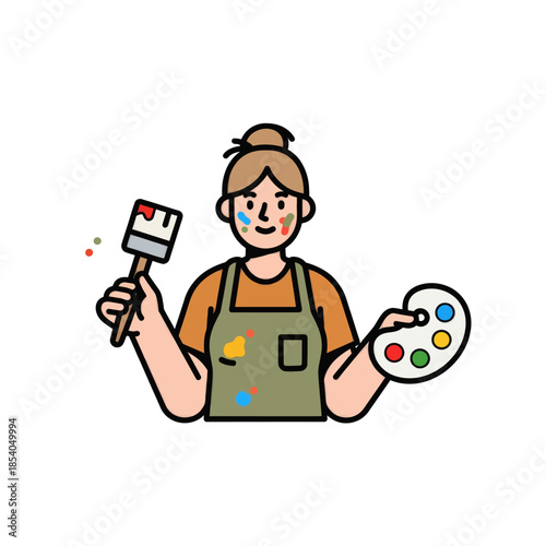 Creative female artist with paintbrush and palette showcasing artistic passion and colorful