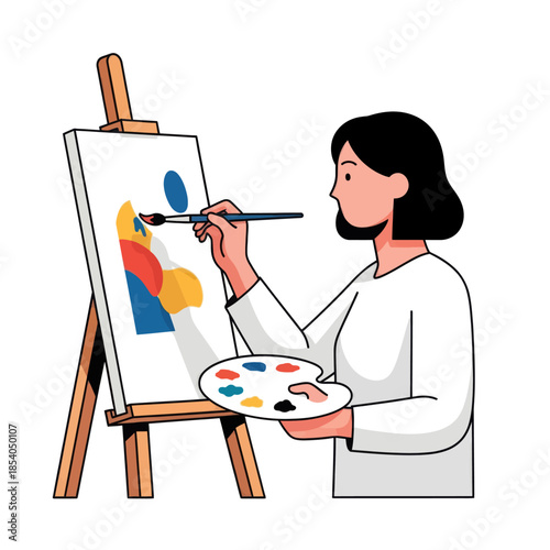 Creative woman artist painting colorful abstract artwork on canvas in studio setting