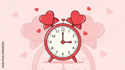 Red alarm clock with hearts on pink background, valentine's day illustration