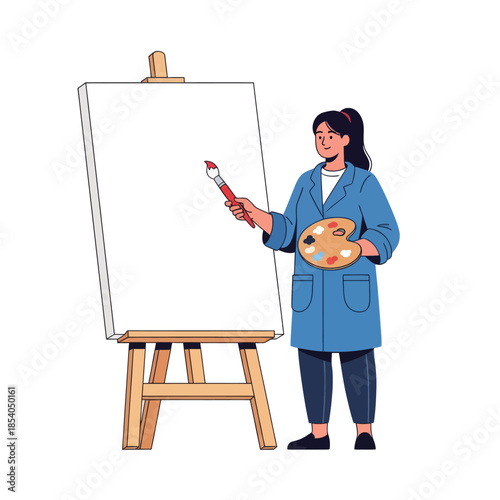 female artist with palette and brush preparing to create an artwork on canvas
