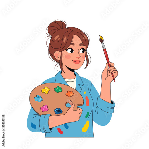A young woman artist with a paint palette and brush preparing to create colorful artwork during a