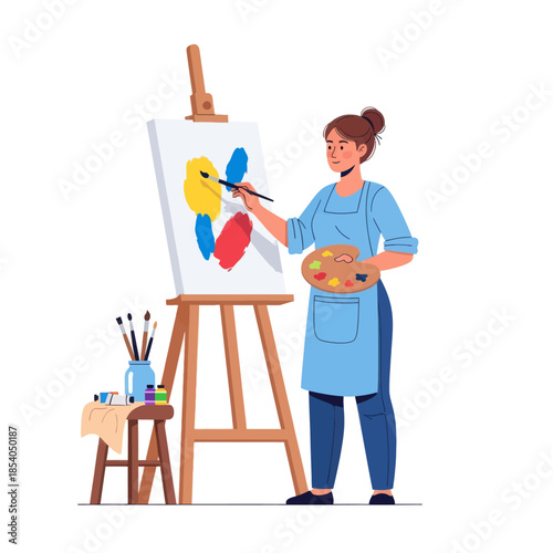 Young woman art enthusiast painting vibrant tropical bird on canvas with brushes and palette in a