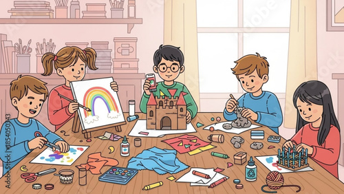 Children engaging in various art activities together around a table with craft supplies and artwork on display in a creative classroom