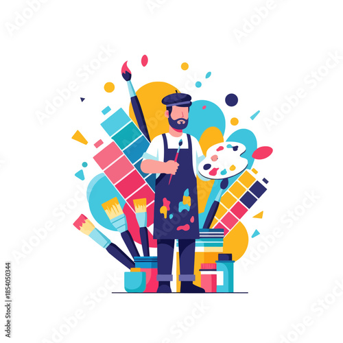 Creative artist with paints and brushes surrounded by colorful artistic tools and vibrant shapes