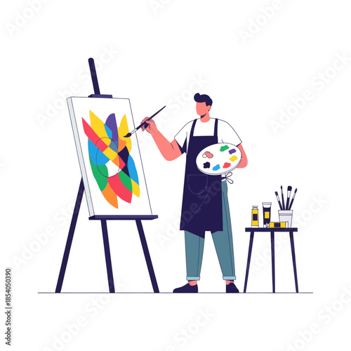 Creative artist passionately working on vibrant abstract painting in a well-lit studio space