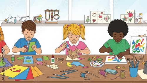 Children engaged in various craft activities at a table with art supplies and materials in a classroom setting with windows and artwork