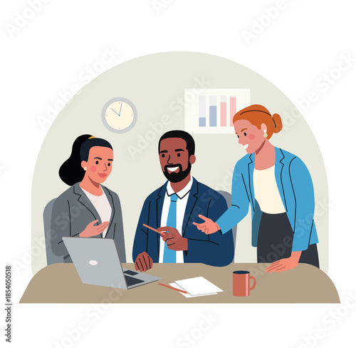 Team Collaboration and Discussion Around Laptop in Modern Office. Vector cartoon flat style illustration